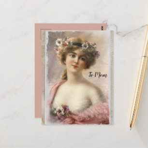 Carte Postale Femme victorienne en détresse avec fleurs sur aqua