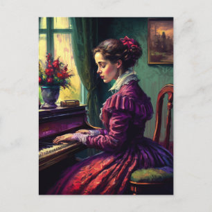 Carte Postale Femme victorienne jouant du piano, peinture à l'hu