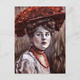 Carte Postale femme victorienne portant un chapeau à plumes roug