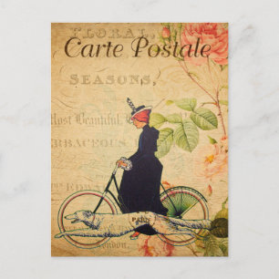 Carte Postale Femme vintage à vélo avec chien Français