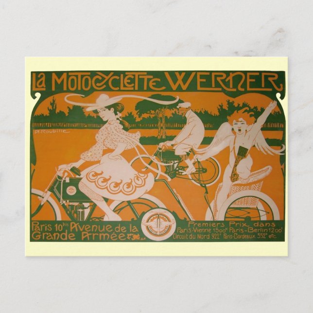Carte Postale Femme vintage à vélo avec Cupidon (Devant)