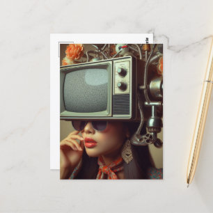 Carte Postale Femme vintage avec TV sur sa tête Steampunk