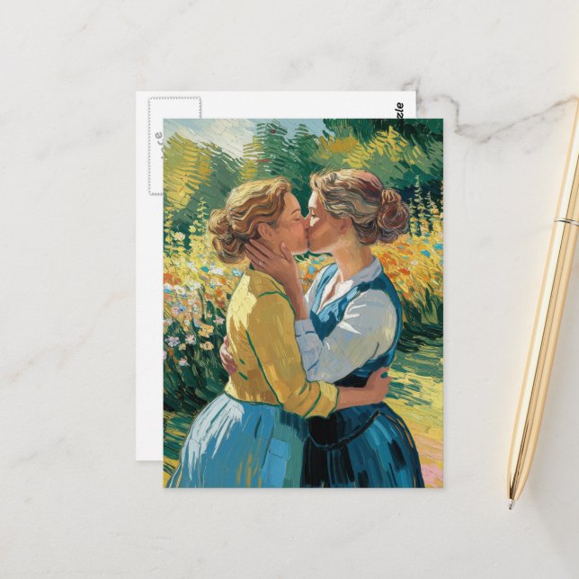 Carte Postale Femmes amoureuses baiser dans le jardin (Devant/Arrière en situation)
