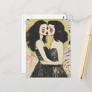 Carte Postale Femmes amoureuses s'embrassant dans des robes noir