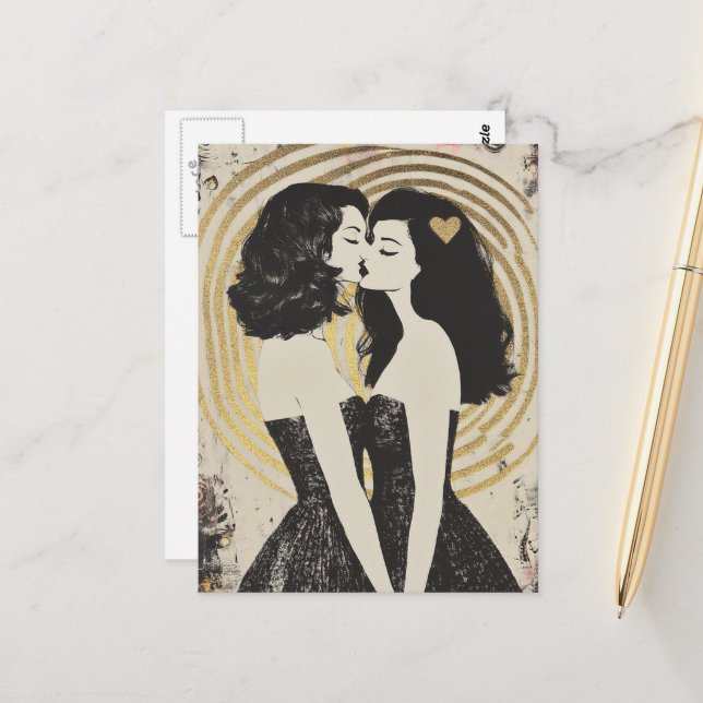 Carte Postale Femmes amoureuses S'embrasser en robes noires Coeu (Devant/Arrière en situation)
