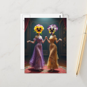 Carte Postale Femmes dansantes avec des têtes de fleurs de pensé