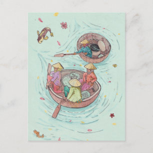 Carte Postale Femmes de pêche dans le delta du Mékong Aquarelle 