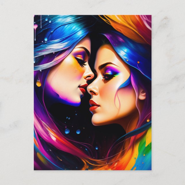 Carte Postale Femmes en amour avec les cheveux arc-en-ciel (Devant)