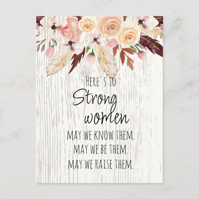 Carte Postale Femmes fortes Bohème Fleur rose Plume Effet bois  (Devant)