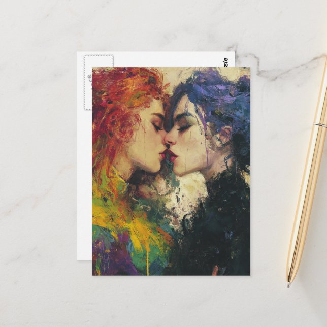 Carte Postale Femmes magnifiques amoureuses s'embrassant (Devant/Arrière en situation)