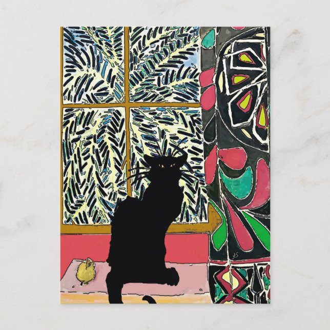Carte Postale Fenêtre Palm Tree avec chat noir (Devant)