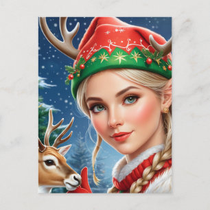 Carte Postale Festif Imaginaire blond femme et cerf Noël