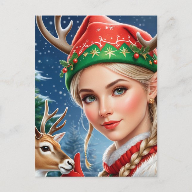 Carte Postale Festif Imaginaire blond femme et cerf Noël (Devant)