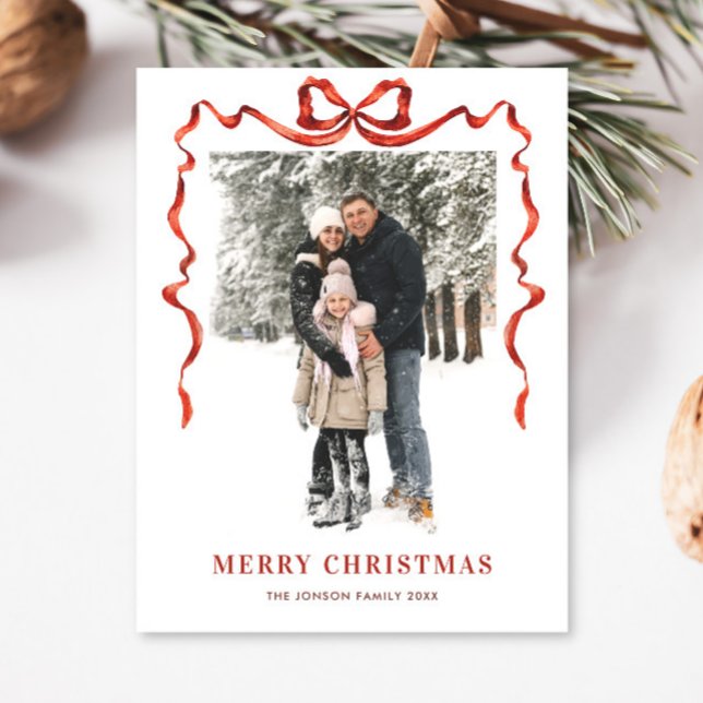 Carte Postale Festif Noël Boho Red Bow Ribbon 2 Photo (Créateur téléchargé)