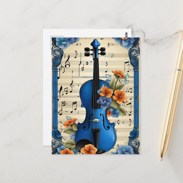 Carte Postale Festival de musique en bleu, violon, (Devant/Arrière en situation)