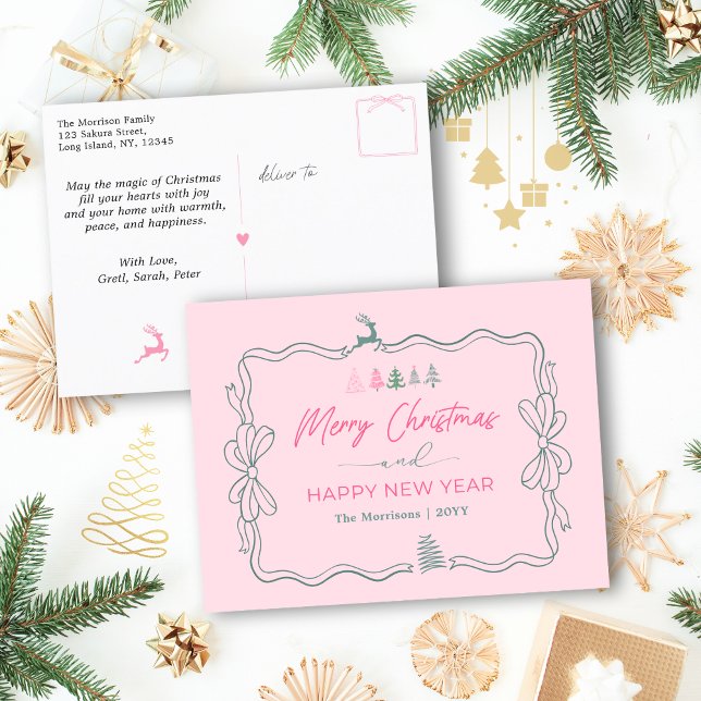 Carte postale Festive Bow & Trees Doodle Pink Holi (Festive Bow & Trees Doodle Pink Holiday Postcard)