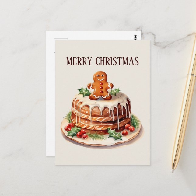 Carte Postale Festive Christmas aquarelle cake ajouter du texte (Devant/Arrière en situation)
