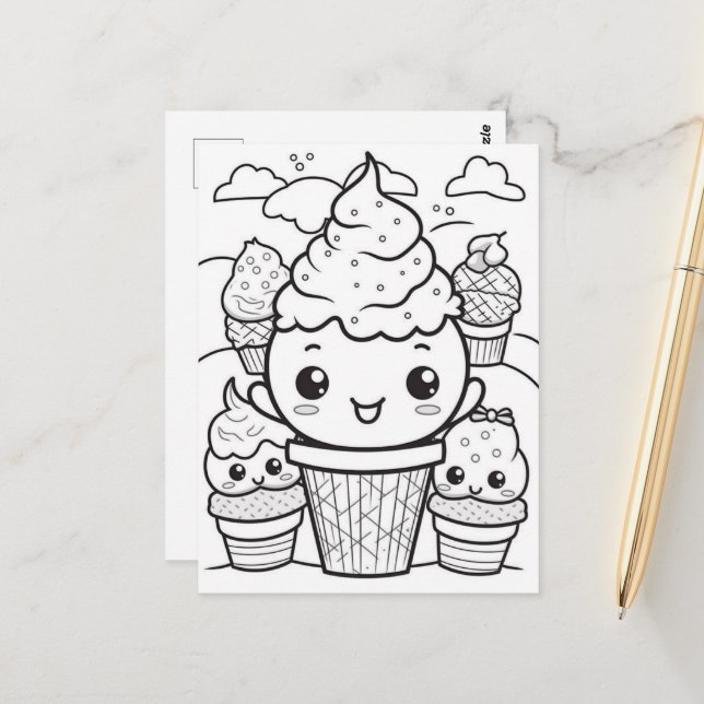 Carte Postale Festive crème glacée enfants coloration (Devant/Arrière en situation)