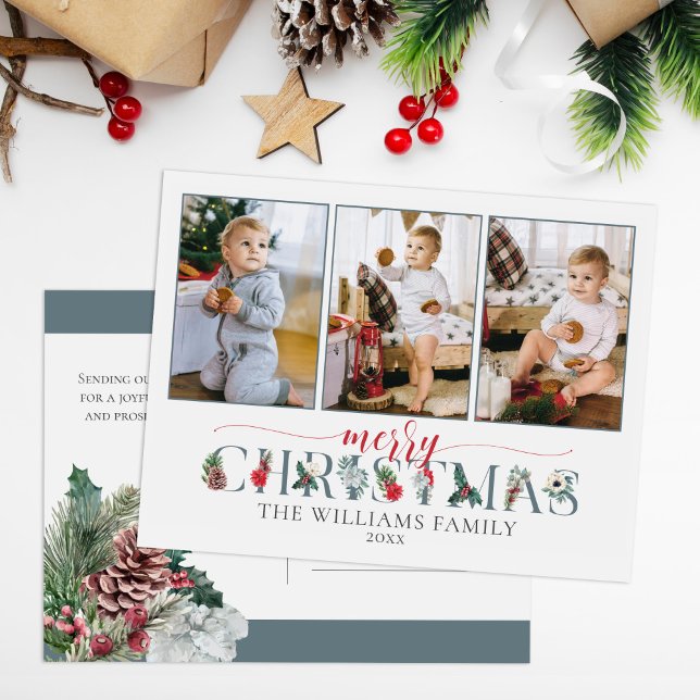 Carte Postale Festive Foliage Joyeux Noël Floral 3 photos (Créateur téléchargé)