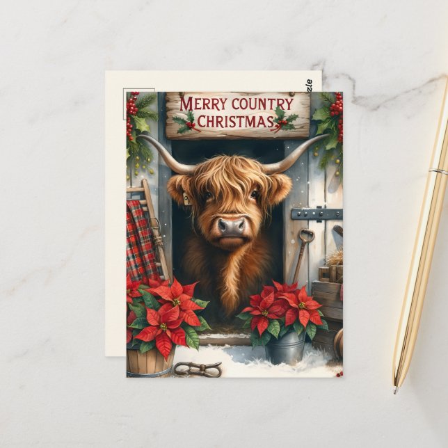 Carte Postale Festive Highland cow ajouter un message (Devant/Arrière en situation)