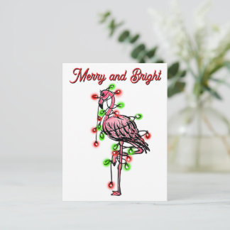 Carte Postale Festive holiday Flamingo red green Xmas lights