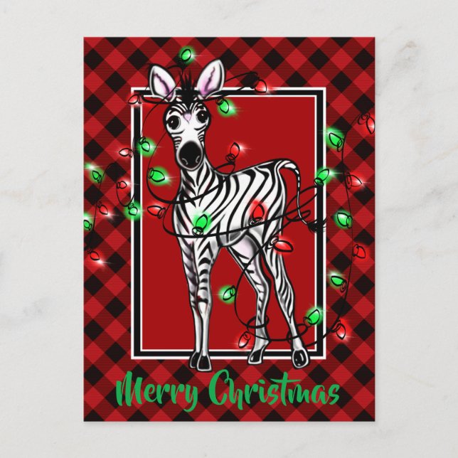 Carte Postale Festive Holiday Zebra Holly couronne rouge plaid (Devant)