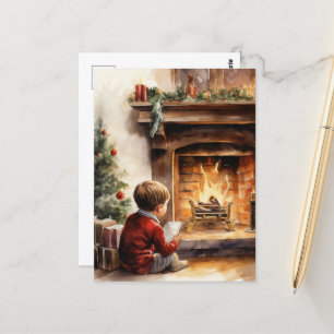 Carte Postale Festive Noël aquarelle cheminée enfant