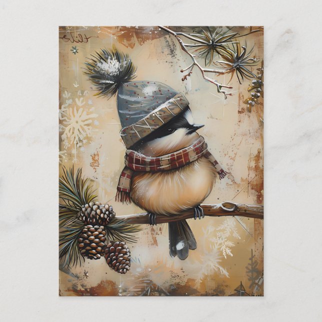 Carte Postale Festive Noël Salutation avec mignon oiseau (Devant)