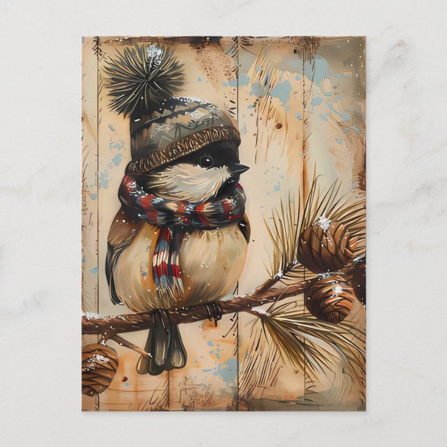 Carte Postale Festive Noël Salutation avec mignon oiseau (Devant)