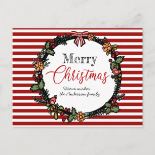 Carte Postale Festive Red Stripes Holly Wreath Joyeux Noël
