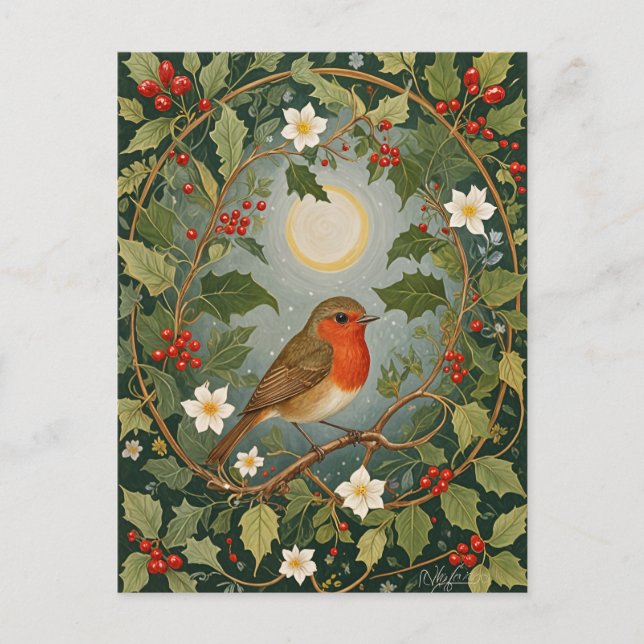 Carte Postale Festive Robin et Holly (Devant)