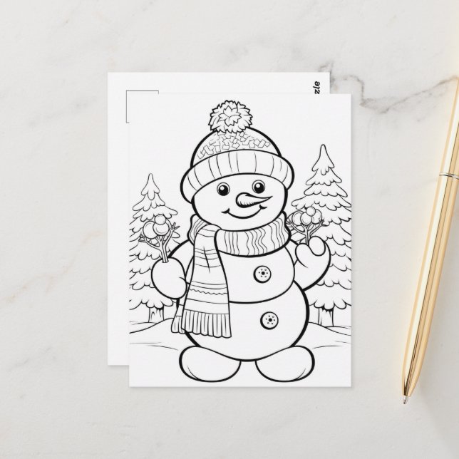 Carte Postale Festive Snowman enfants coloration (Devant/Arrière en situation)