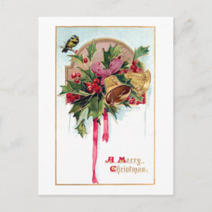 Carte Postale Festive Vintage Christmas Bells & Holly