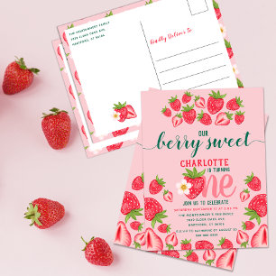 Carte Postale Fête d'anniversaire 1 an fraise Rose sucré