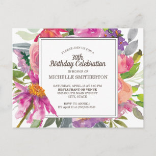 Carte Postale Fête d'anniversaire 30 ans thème floral aquarelle