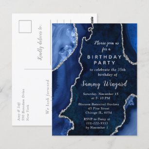 Carte Postale Fête d'anniversaire avec marbre agate bleu marine