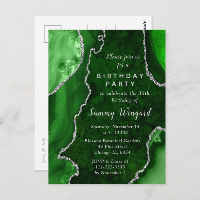 Carte Postale Fête d'anniversaire avec marbre d'agate vert et ar (Devant / Derrière)