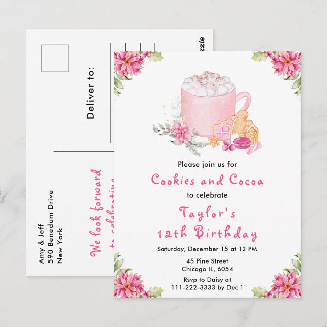 Carte Postale Fête d'anniversaire biscuits de Noël et cacao rose (Devant / Derrière)