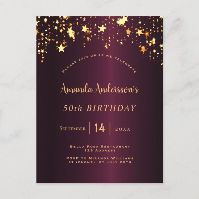 Carte Postale fête d'anniversaire bourgogne or étoiles glam (Devant)