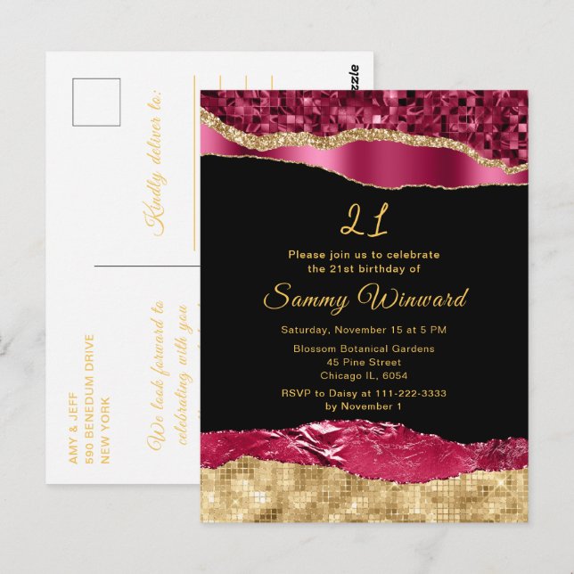 Carte Postale Fête d'anniversaire Burgundy et Gold Glam Tears (Devant / Derrière)