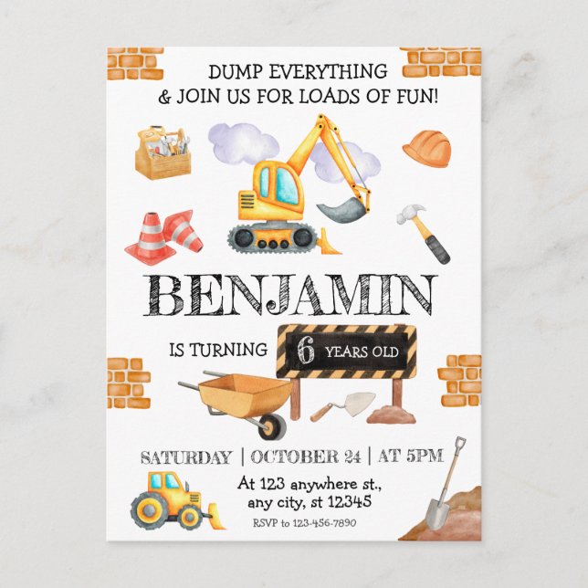 Carte Postale Fête d'anniversaire Camion à benne et Pelle de Cha (Devant)