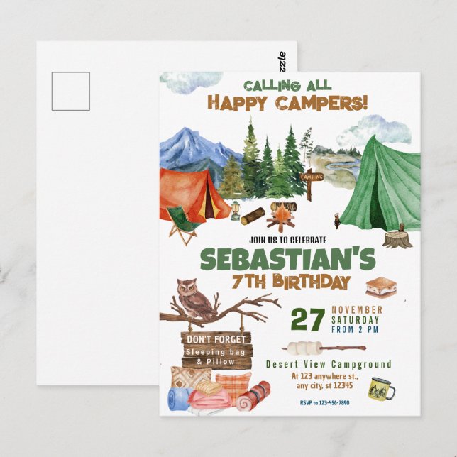 Carte Postale Fête d'anniversaire camping enfants modernes (Devant / Derrière)