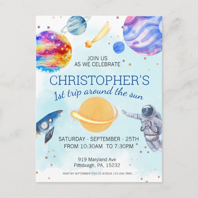 Carte Postale Fête d'anniversaire dans l'espace pour un jeune as (Devant)