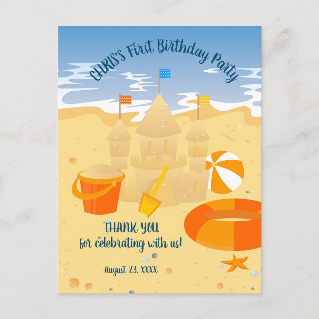 Carte Postale Fête d'anniversaire de bébé garçon plage château d (Devant)