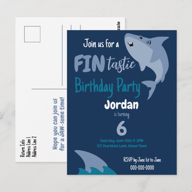 Carte Postale Fête d'anniversaire de requin Fin-tastic Enfants s (Devant / Derrière)