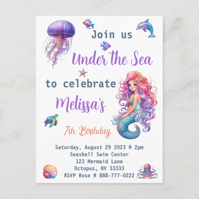 Carte Postale Fête d'anniversaire de sirène sous la mer (Devant)