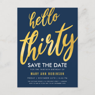 Carte Postale Fête d'anniversaire de trente ans Navy Or Save Dat