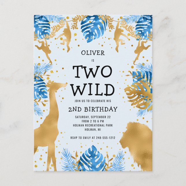 Carte Postale Fête d'anniversaire des garçons 2 ans Bleu pâle Or (Devant)