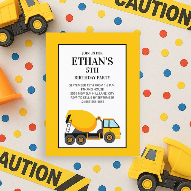 Carte Postale Fête d'anniversaire du camion ciment jaune (Yellow cement mixer 5th birthday party invitation)