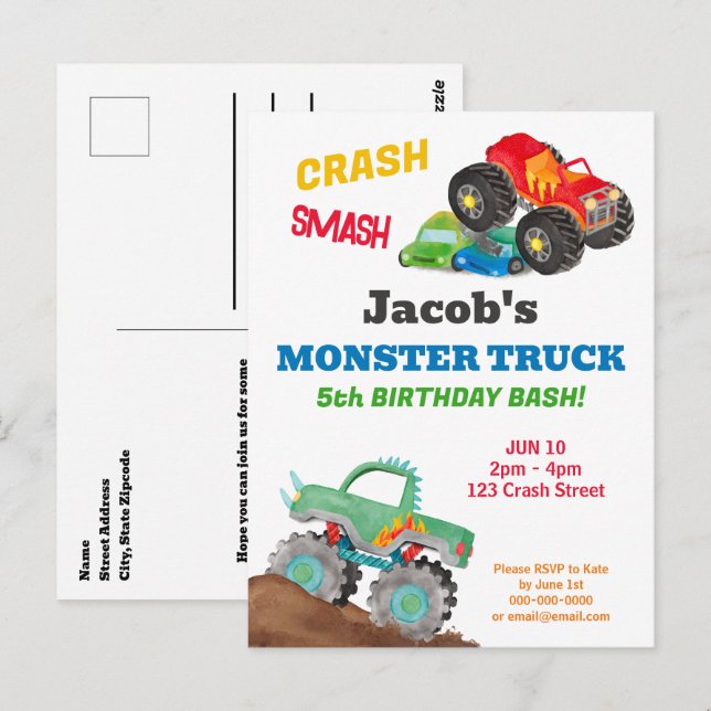 Carte Postale Fête d'anniversaire du camion monstre Crash Smash  (Devant / Derrière)